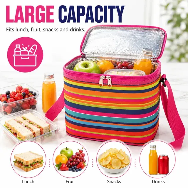 Colorful Striped Insulated Lunch Bag with Adjustable Shoulder Strap (600D PVC, 35.5×26×33 cm) — construction detail 1