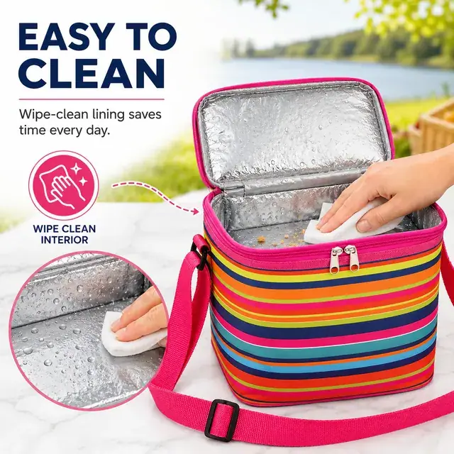 Colorful Striped Insulated Lunch Bag with Adjustable Shoulder Strap (600D PVC, 35.5×26×33 cm) — construction detail 2