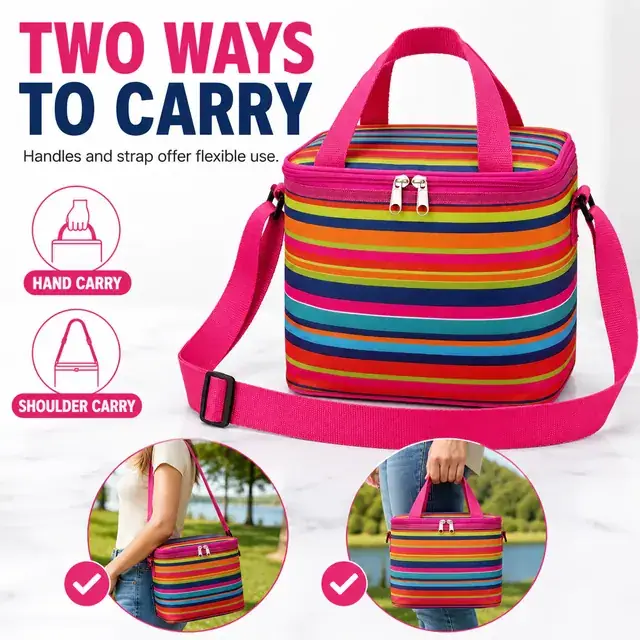 Colorful Striped Insulated Lunch Bag with Adjustable Shoulder Strap (600D PVC, 35.5×26×33 cm) — construction detail 3