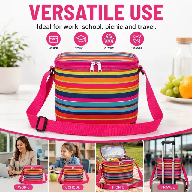 Colorful Striped Insulated Lunch Bag with Adjustable Shoulder Strap (600D PVC, 35.5×26×33 cm) — construction detail 4