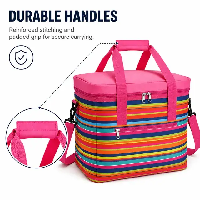Colorful Striped Insulated Lunch Bag with Adjustable Strap (600D PVC, 35.5×26×33 cm) — construction detail 1