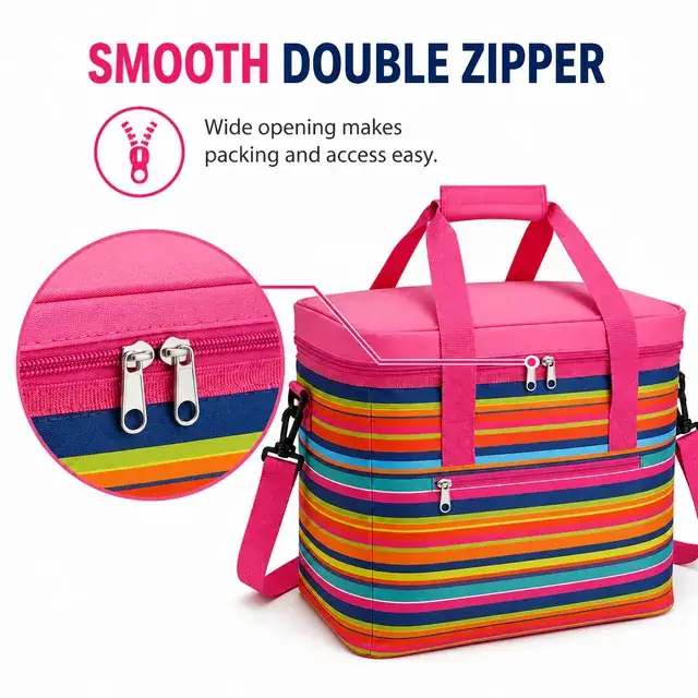 Colorful Striped Insulated Lunch Bag with Adjustable Strap (600D PVC, 35.5×26×33 cm) — construction detail 2