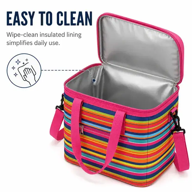 Colorful Striped Insulated Lunch Bag with Adjustable Strap (600D PVC, 35.5×26×33 cm) — construction detail 3