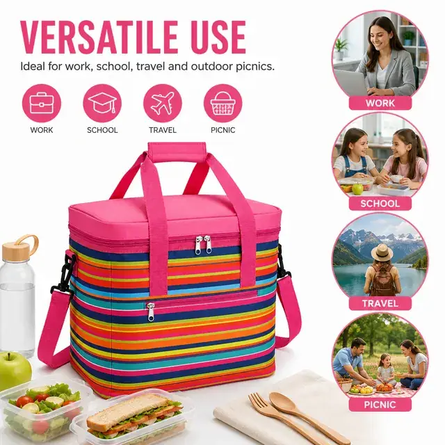 Colorful Striped Insulated Lunch Bag with Adjustable Strap (600D PVC, 35.5×26×33 cm) — construction detail 4