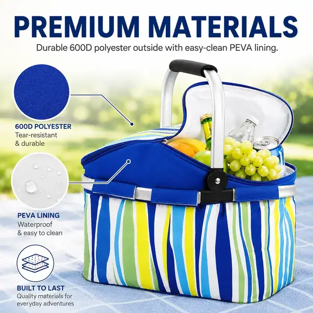 Insulated Camping Cooler Basket with Portable Handle 600D Polyester+PEVA 38×23×30cm — construction detail 1