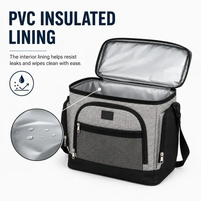 Cooler Insulated Lunch Bag for Adult Work and Office (600D Two-Tone Polyester/PVC, 34.5×24×30 cm) — construction detail 2