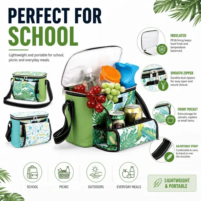 Cooler Tote Lunch Bag for School with Custom Logo (600D + Microfiber, 26×13.5×19 cm) — construction detail 4