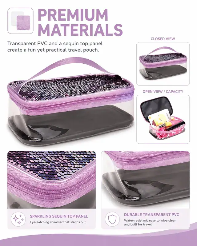 Transparent Sequin Travel Cosmetic Bag — 22.5 x 14.5 x 6.5 cm — construction detail 1