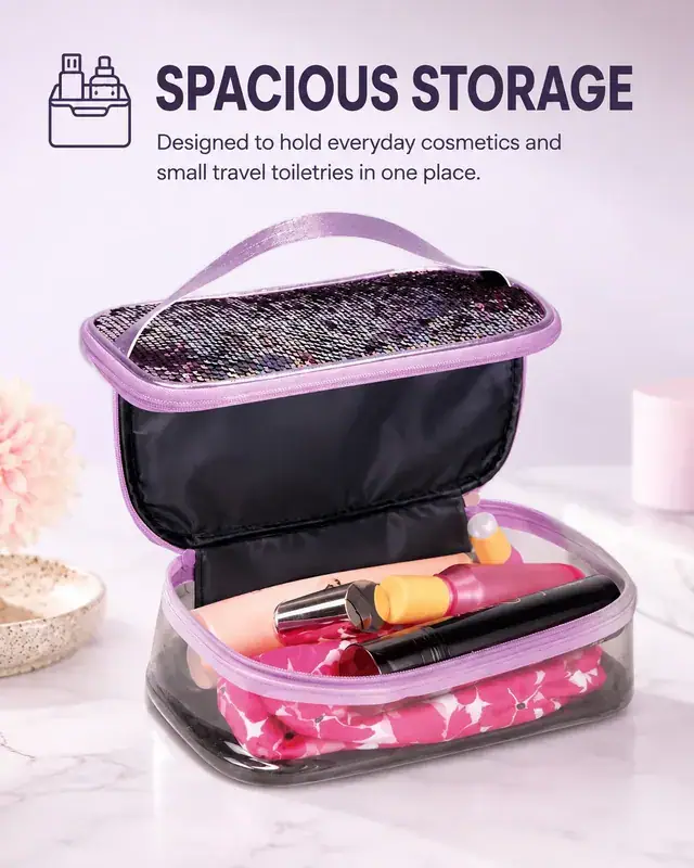 Transparent Sequin Travel Cosmetic Bag — 22.5 x 14.5 x 6.5 cm — construction detail 2