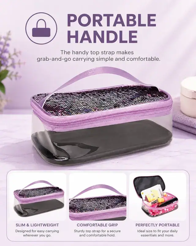 Transparent Sequin Travel Cosmetic Bag — 22.5 x 14.5 x 6.5 cm — construction detail 3