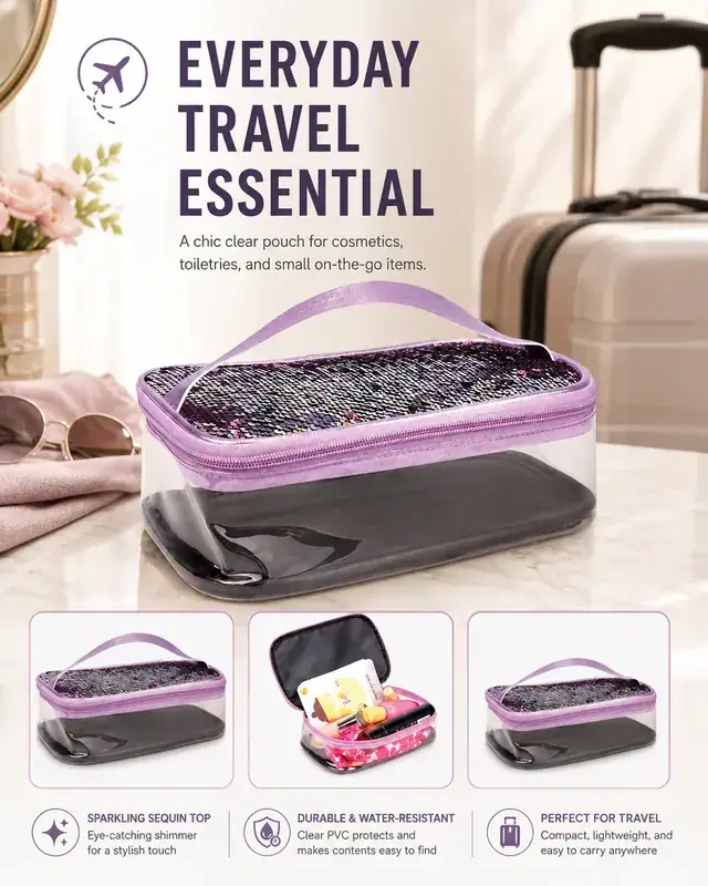 Transparent Sequin Travel Cosmetic Bag — 22.5 x 14.5 x 6.5 cm — construction detail 4