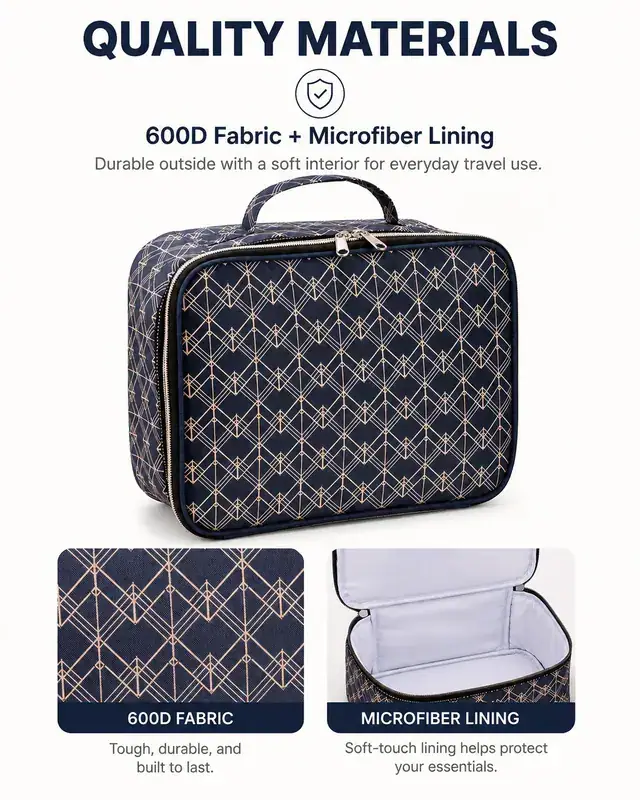 Travel Cosmetic Bag & Makeup Organizer — 27.5 x 10.5 x 21 cm — construction detail 2