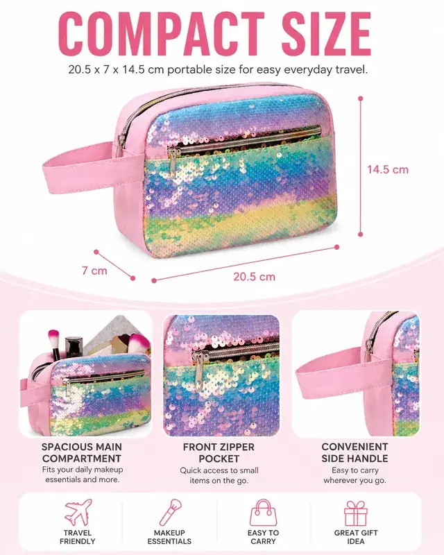 Rainbow Sequin Travel Cosmetic Bag — 20.5 x 7 x 14.5 cm — construction detail 1