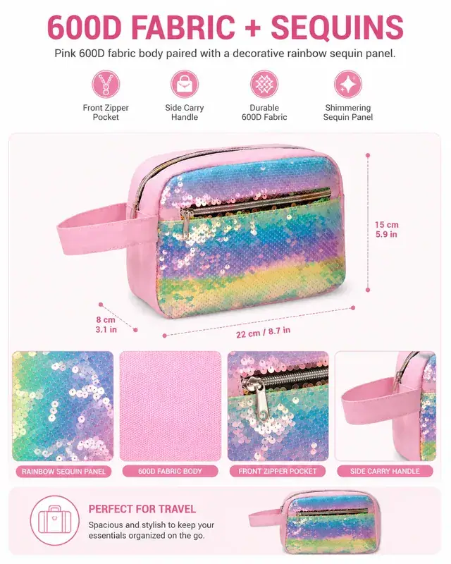 Rainbow Sequin Travel Cosmetic Bag — 20.5 x 7 x 14.5 cm — construction detail 2