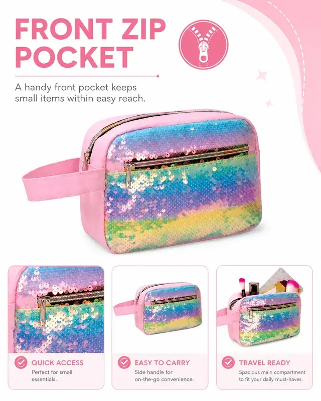 Rainbow Sequin Travel Cosmetic Bag — 20.5 x 7 x 14.5 cm — construction detail 3