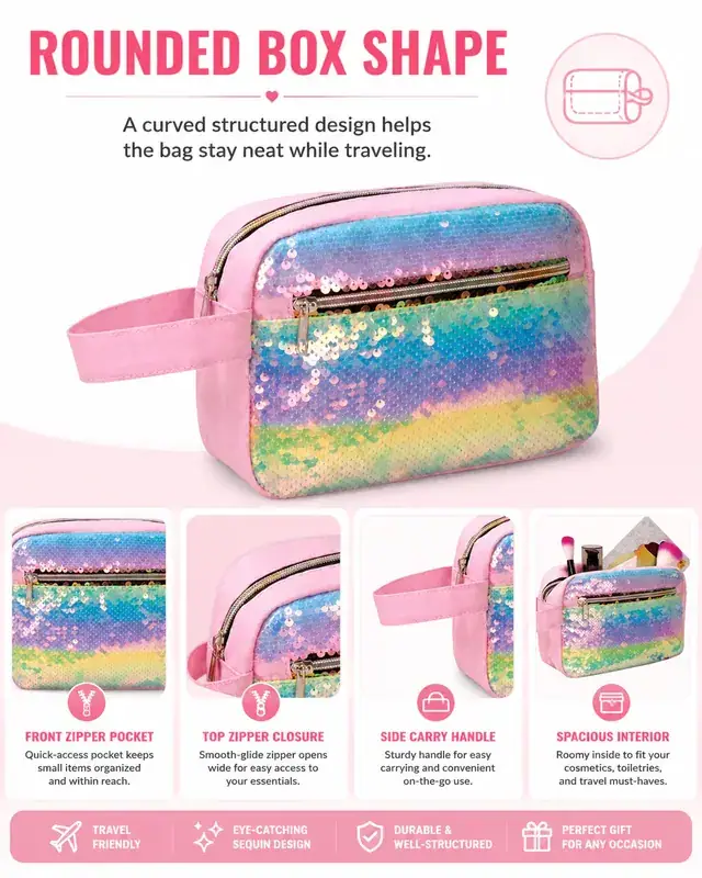 Rainbow Sequin Travel Cosmetic Bag — 20.5 x 7 x 14.5 cm — construction detail 4