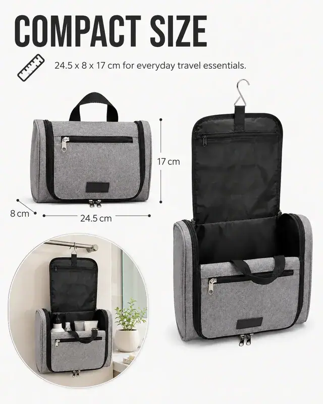 Hanging Travel Toiletry Bag with Hook — 24.5 x 8 x 17 cm — construction detail 1