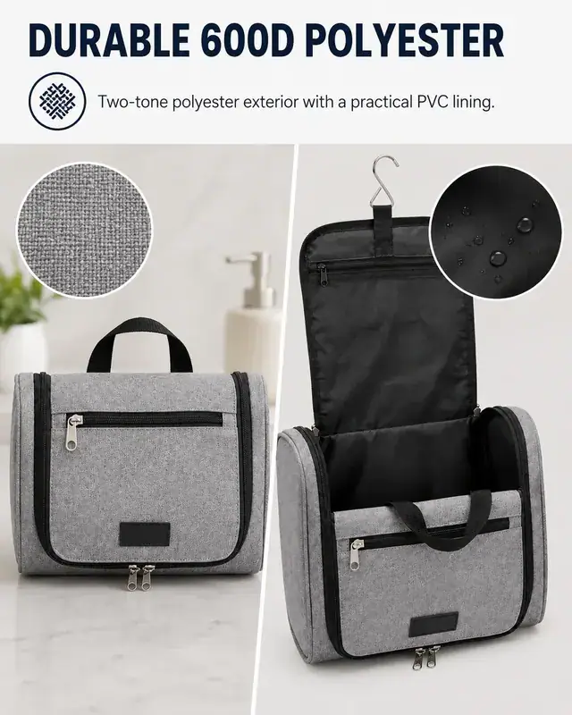 Hanging Travel Toiletry Bag with Hook — 24.5 x 8 x 17 cm — construction detail 2