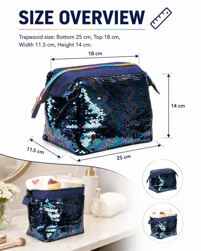 Iridescent Sequin Travel Cosmetic Bag — (25+18) x 11.5 x 14 cm — construction detail 1