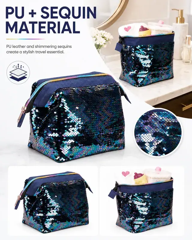 Iridescent Sequin Travel Cosmetic Bag — (25+18) x 11.5 x 14 cm — construction detail 2