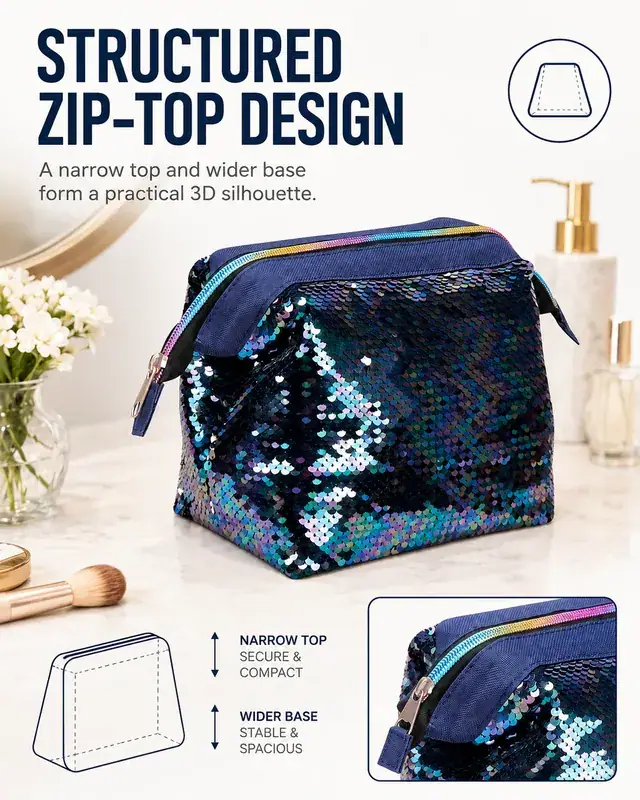 Iridescent Sequin Travel Cosmetic Bag — (25+18) x 11.5 x 14 cm — construction detail 3