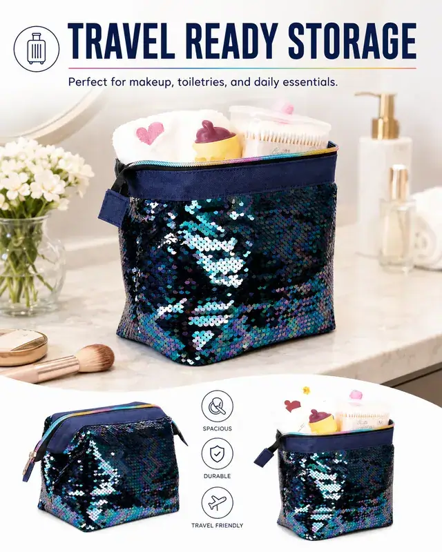 Iridescent Sequin Travel Cosmetic Bag — (25+18) x 11.5 x 14 cm — construction detail 4