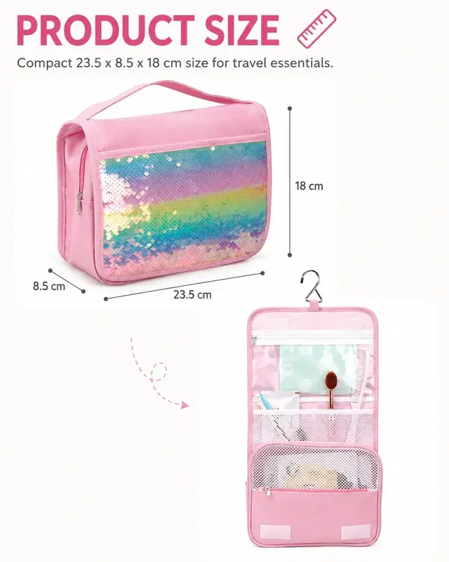 Rainbow Sequin Hanging Travel Cosmetic Bag — 23.5 x 8.5 x 18 cm — construction detail 1