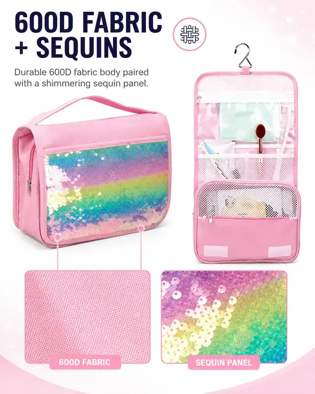 Rainbow Sequin Hanging Travel Cosmetic Bag — 23.5 x 8.5 x 18 cm — construction detail 2