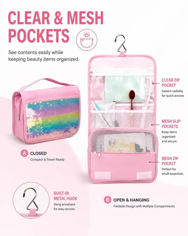 Rainbow Sequin Hanging Travel Cosmetic Bag — 23.5 x 8.5 x 18 cm — construction detail 4