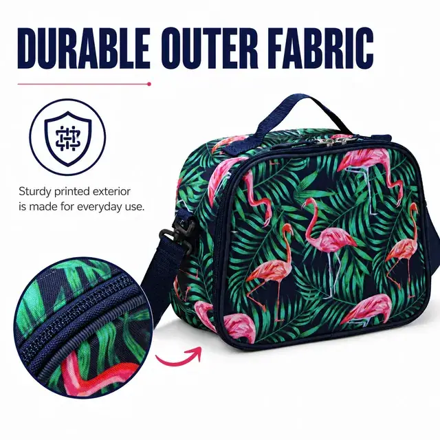Custom Flamingo Print Insulated Lunch Bag (Microfiber & 600D Polyester, 25.5×12×20 cm) — construction detail 1