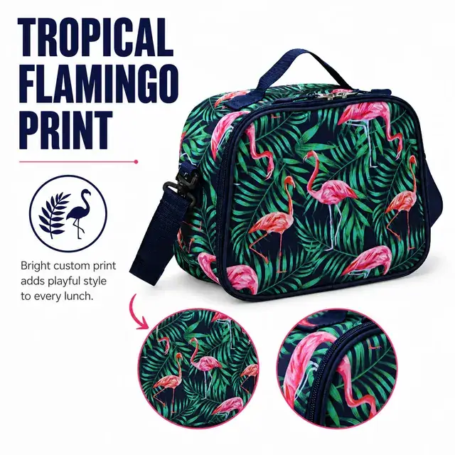 Custom Flamingo Print Insulated Lunch Bag (Microfiber & 600D Polyester, 25.5×12×20 cm) — construction detail 4