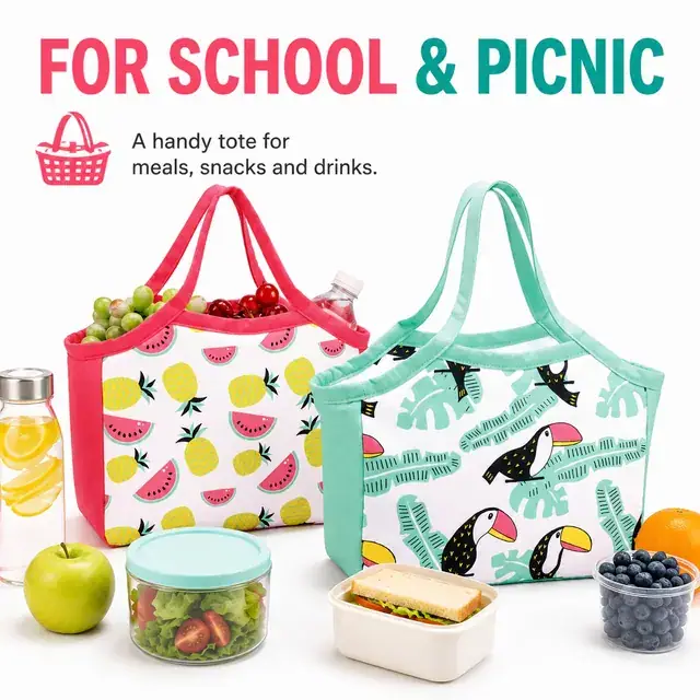 Custom Fruit Print Insulated Lunch Tote (Polyester, (34+28)×11.5×23.5 cm) — construction detail 4