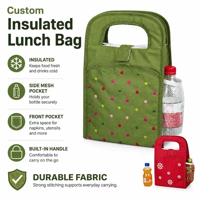 Custom Insulated Lunch Bag Wholesale (600D Polyester, 22.5×13×34 cm) — construction detail 1