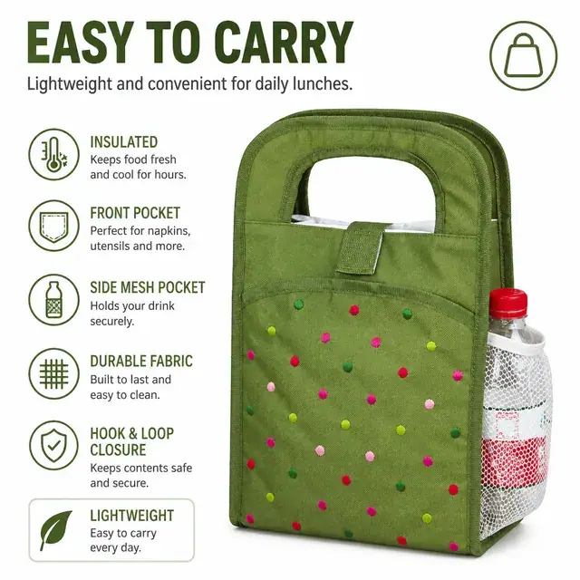 Custom Insulated Lunch Bag Wholesale (600D Polyester, 22.5×13×34 cm) — construction detail 2