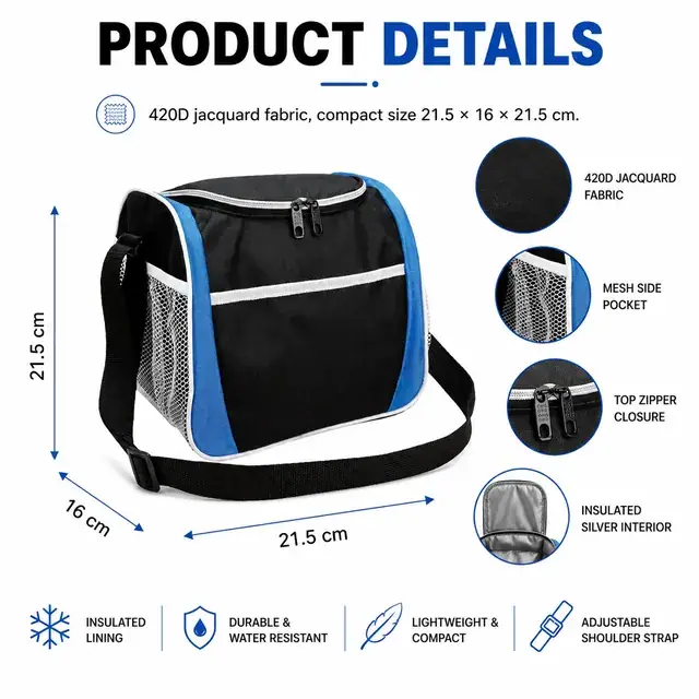 Custom Logo Lunch Bag for Work, Picnic & School (420D Jacquard, 21.5×16×21.5cm) — construction detail 1
