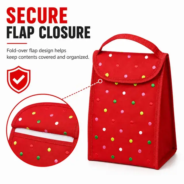Custom Polka Dot Insulated Lunch Bag (600D Polyester, 16×12.5×30cm, Flap Closure) — construction detail 1