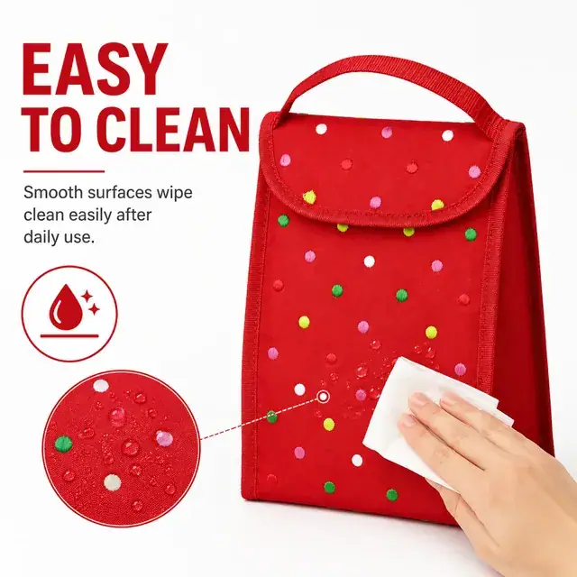 Custom Polka Dot Insulated Lunch Bag (600D Polyester, 16×12.5×30cm, Flap Closure) — construction detail 3