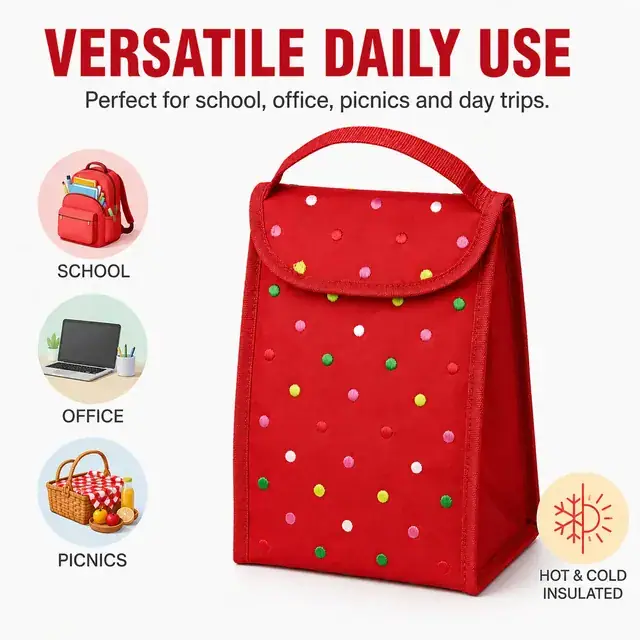 Custom Polka Dot Insulated Lunch Bag (600D Polyester, 16×12.5×30cm, Flap Closure) — construction detail 4