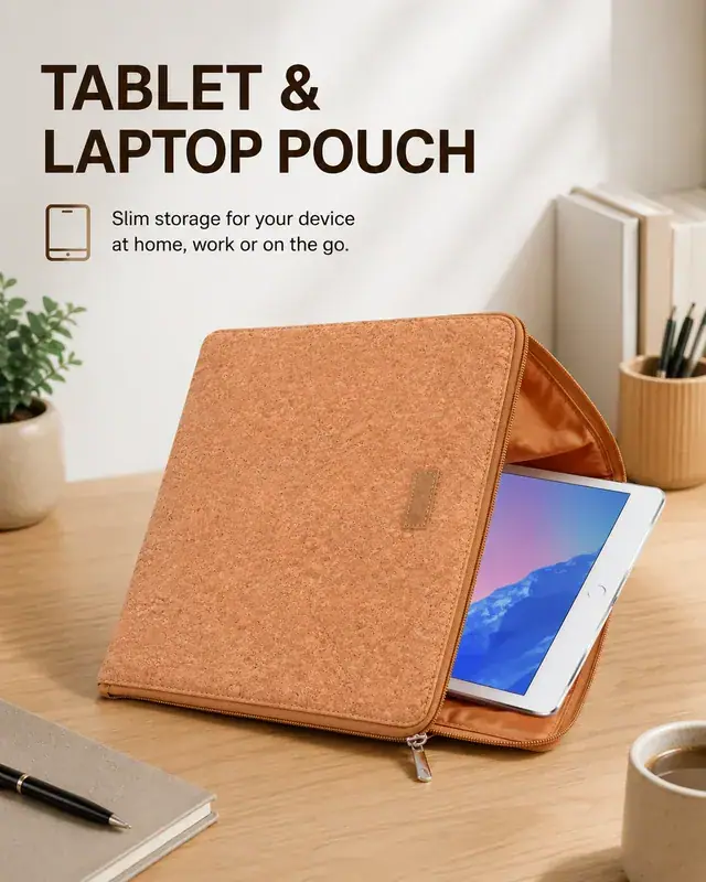 Custom Logo Tablet Bag / Laptop Case Pouch — Cork Leather, 28×22.5 cm — construction detail 2