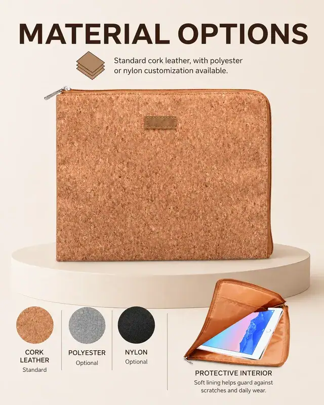 Custom Logo Tablet Bag / Laptop Case Pouch — Cork Leather, 28×22.5 cm — construction detail 3