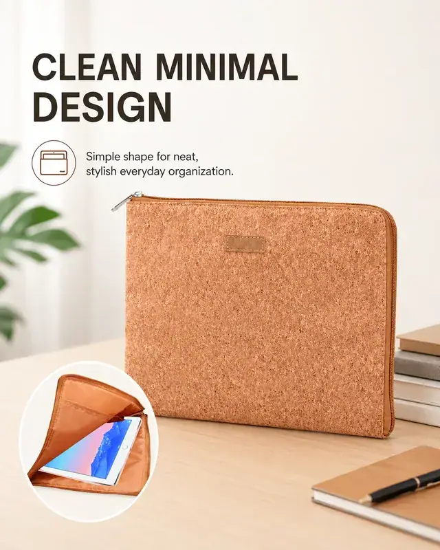 Custom Logo Tablet Bag / Laptop Case Pouch — Cork Leather, 28×22.5 cm — construction detail 4