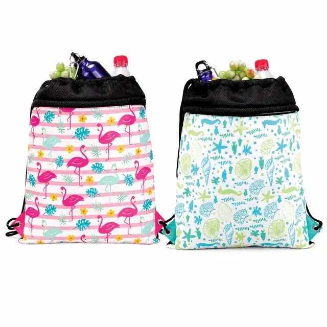 Flamingo Floral & Ocean Elements Drawstring Backpack 600D+Microfiber 37×46cm — product view