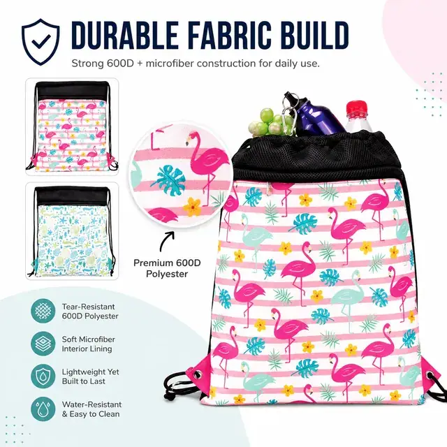 Flamingo Floral & Ocean Elements Drawstring Backpack 600D+Microfiber 37×46cm — construction detail 1