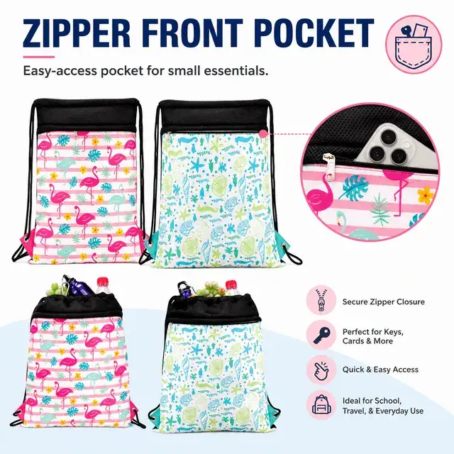 Flamingo Floral & Ocean Elements Drawstring Backpack 600D+Microfiber 37×46cm — construction detail 2