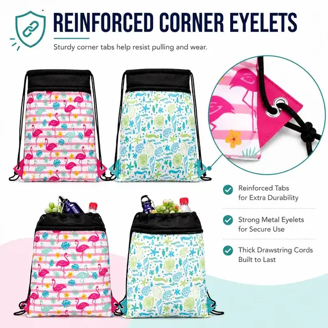 Flamingo Floral & Ocean Elements Drawstring Backpack 600D+Microfiber 37×46cm — construction detail 3