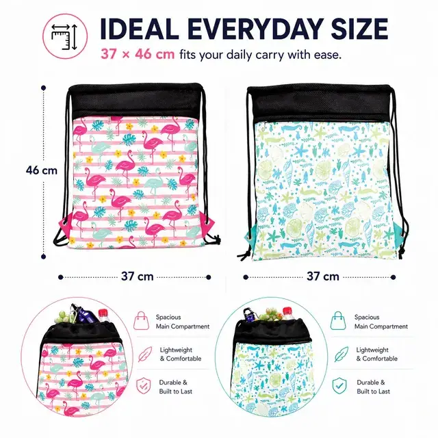 Flamingo Floral & Ocean Elements Drawstring Backpack 600D+Microfiber 37×46cm — construction detail 4