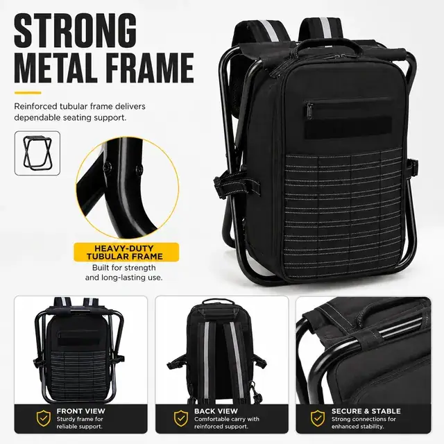 Durable Multifunctional Cooler Backpack with Folding Chair 600D Polyester 28×36×46cm — construction detail 1