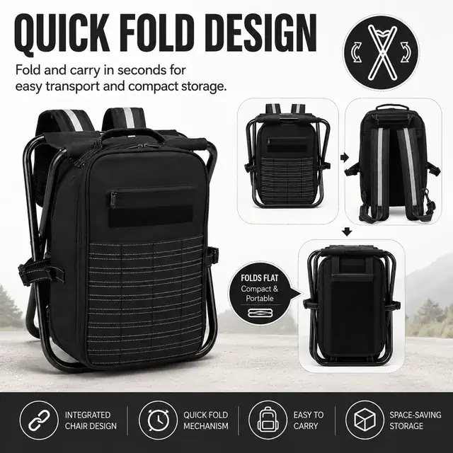 Durable Multifunctional Cooler Backpack with Folding Chair 600D Polyester 28×36×46cm — construction detail 2