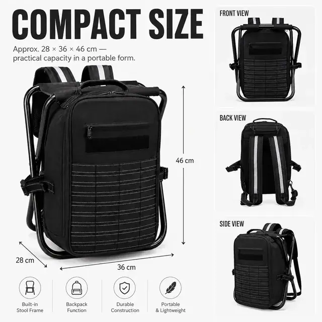 Durable Multifunctional Cooler Backpack with Folding Chair 600D Polyester 28×36×46cm — construction detail 4