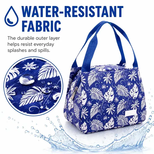 Floral Insulated Lunch Bag with Zipper and Carry Handles (Canvas, 23.5×13×17.5cm) — construction detail 1
